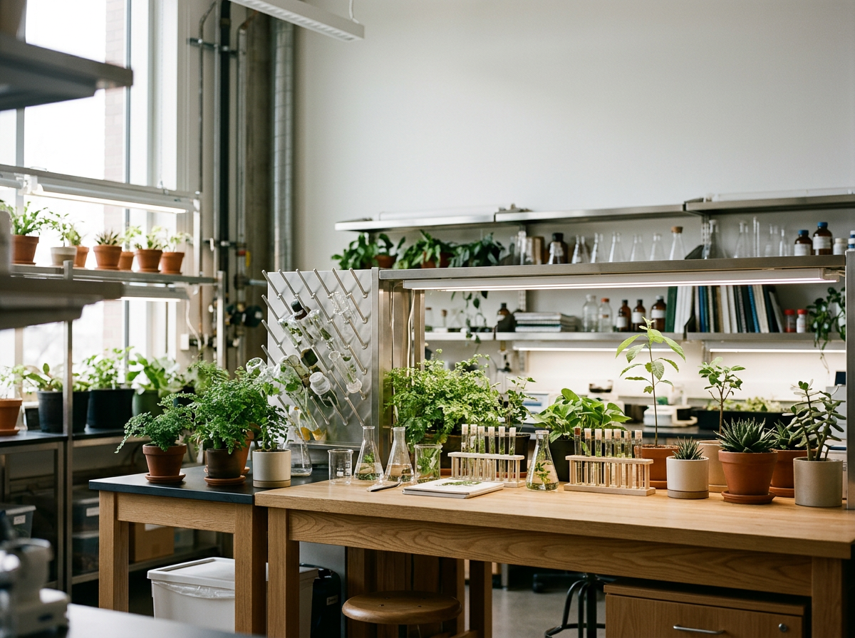 A laboratory with plants and scientific equipment, including beakers, test tubes, and bottles, on wooden tables and metal shelves.