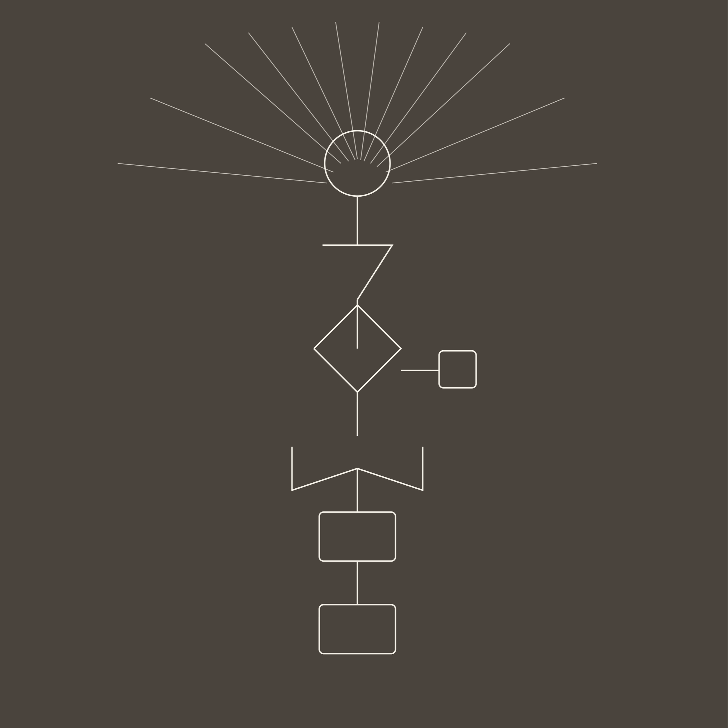 A white line drawing of a scientific diagram on a dark background, featuring interconnected geometric shapes including circles, squares, and diamonds connected by straight lines, with some lines radiating outward from a central circle.