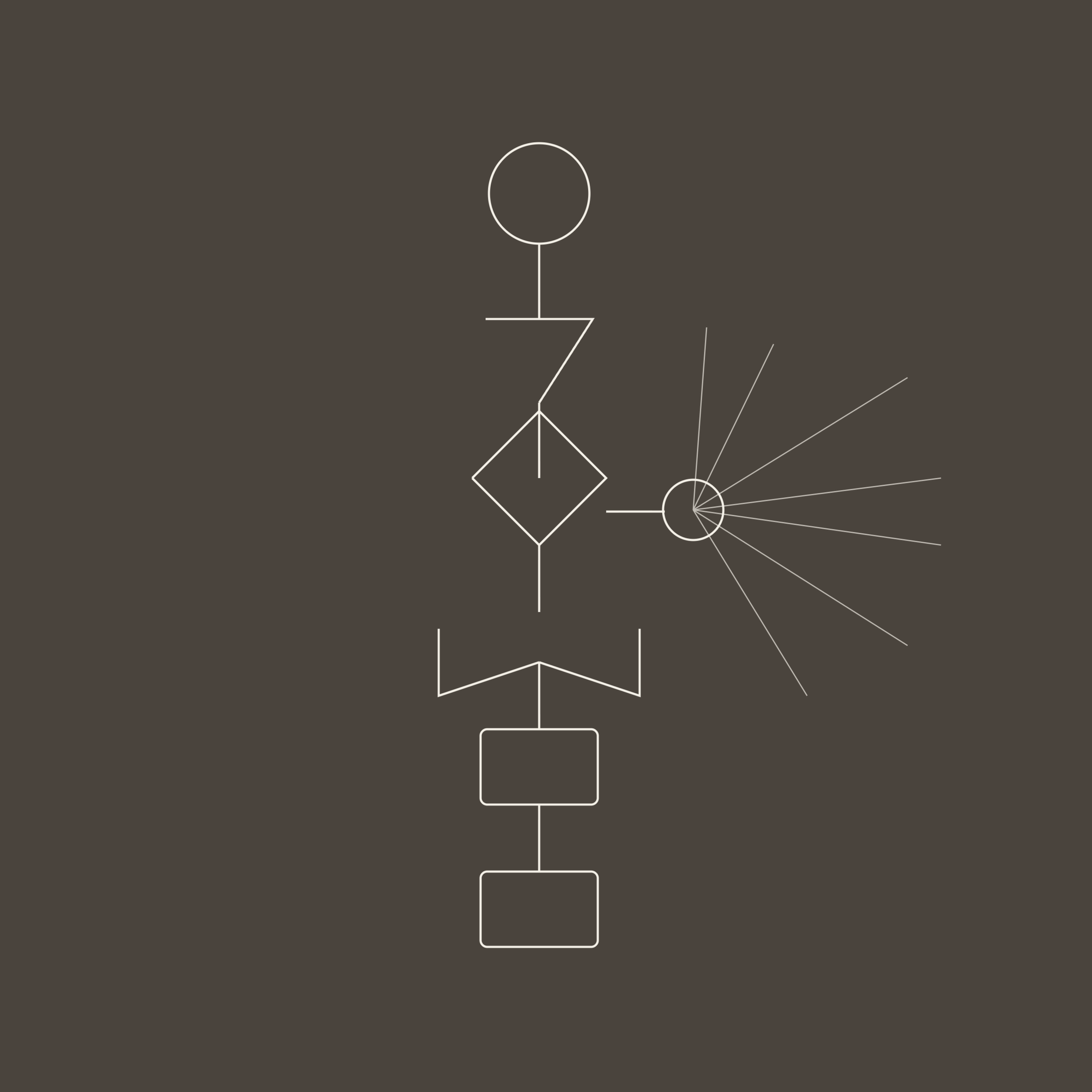 Minimalist white line drawing of a human stick figure on a dark background with geometric shapes and lines around it.