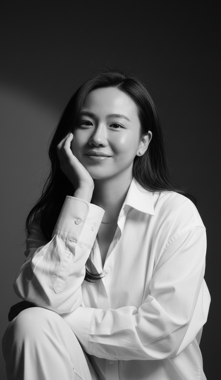 Black and white photo of a young woman with long hair, wearing a white shirt, smiling gently, with her hand resting on her face, sitting in a relaxed pose against a dark background.
