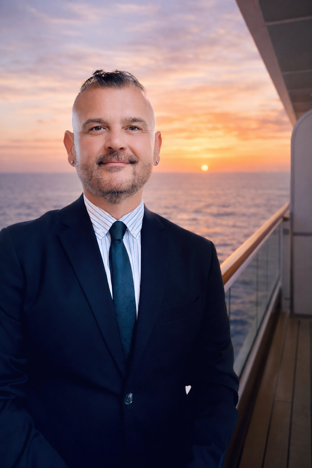 A man in formal attire standing on a ship's deck during sunset with the ocean in the background.