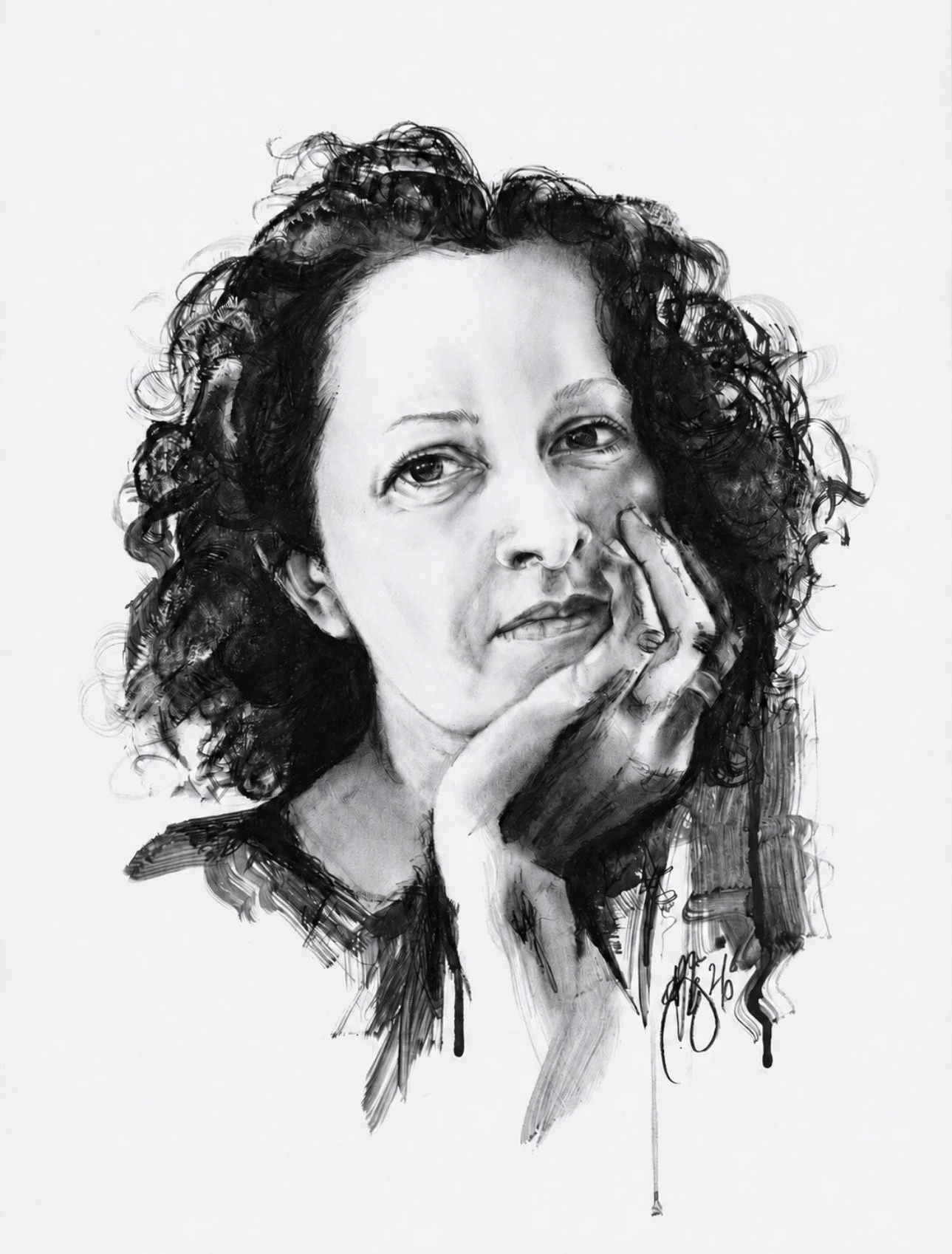 Black and white portrait of a woman with curly hair, resting her face on her hand, in a sketch style.