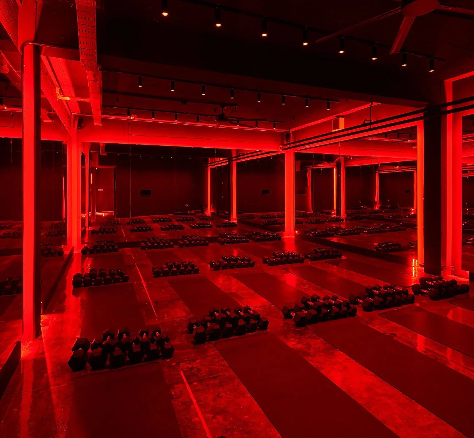 A dimly lit gym room illuminated with red lighting, featuring rows of dumbbells on the floor and mirrors on the walls.