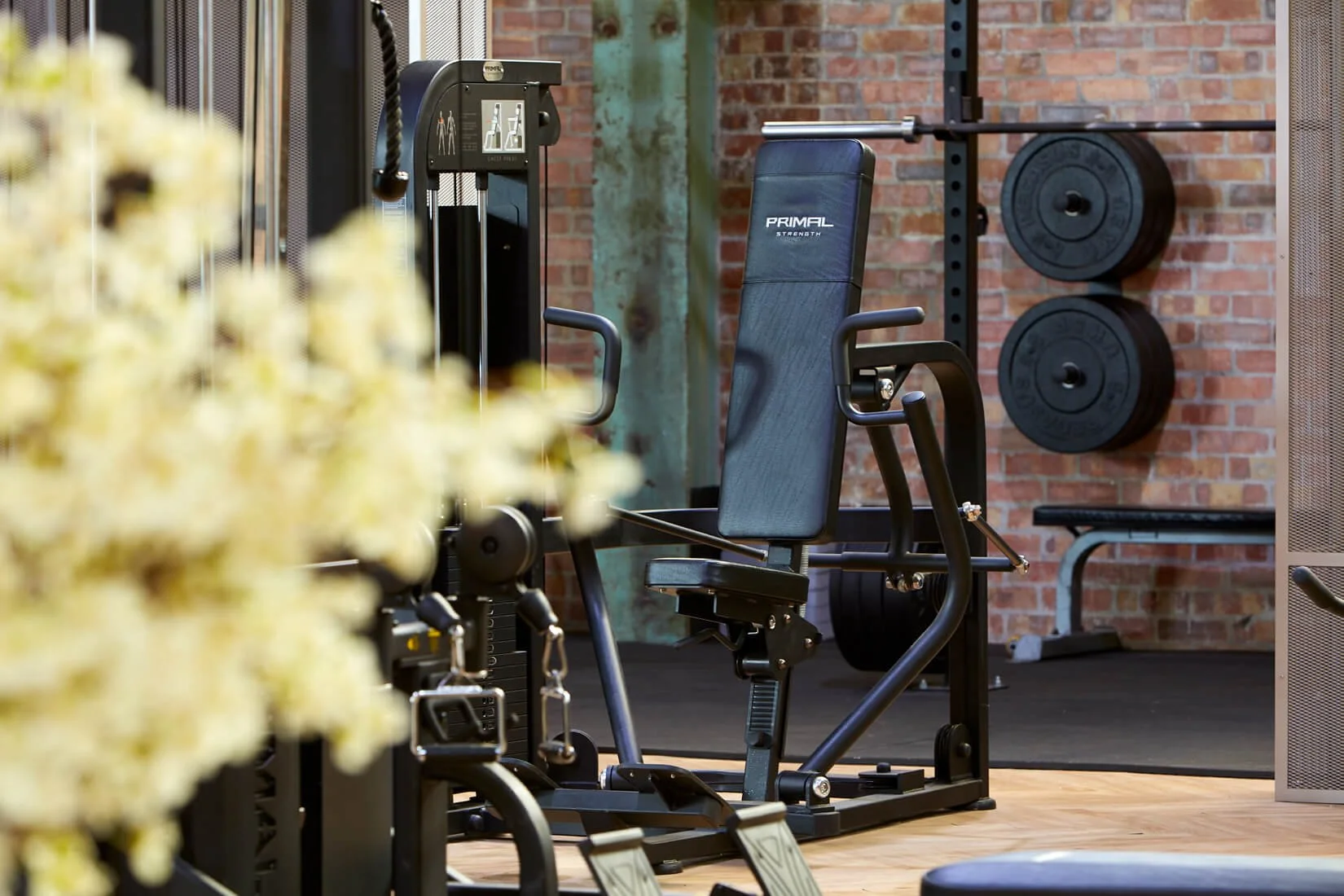 Gym equipment including a Primal strength training machine, weight plates on a rack, in front of a brick wall, with some blurred flowers in the foreground.