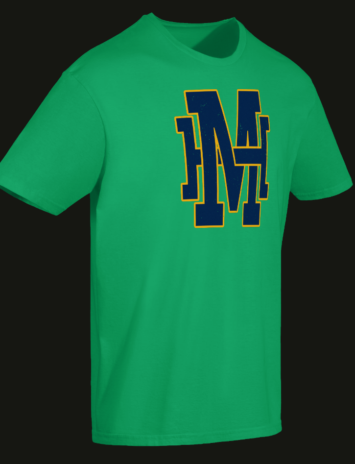 Green T-shirt with large navy blue and yellow embroidered letter M on the front.