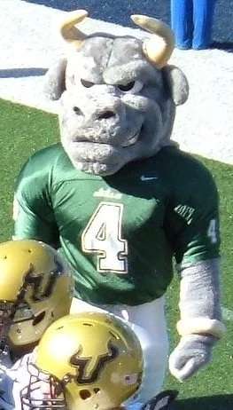 A person in a mascot costume of a gray bull wearing a green football jersey with the number 4. The mascot has horns and a stern expression, standing outdoors with football helmets nearby.