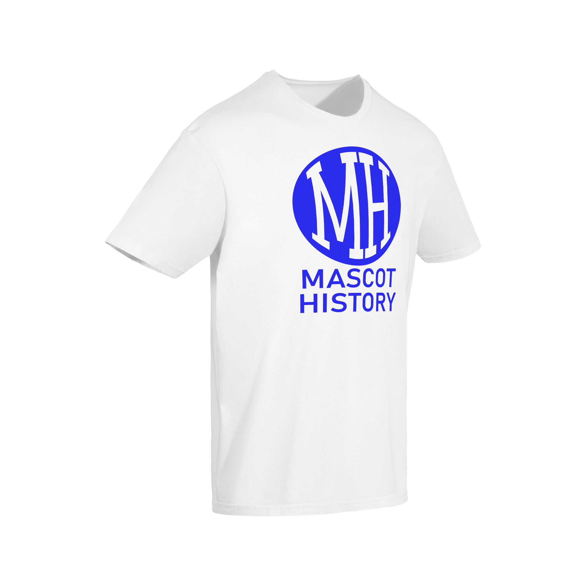 A white t-shirt with blue text and circular logo that reads 'MH MASCOT HISTORY'.