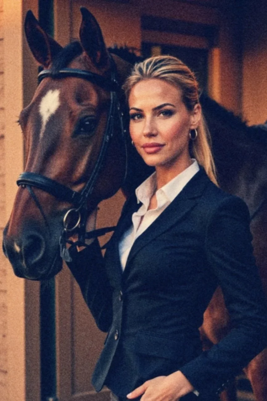 A woman in a black blazer and white shirt stands next to a brown horse with a white star on its forehead, inside a stable.
