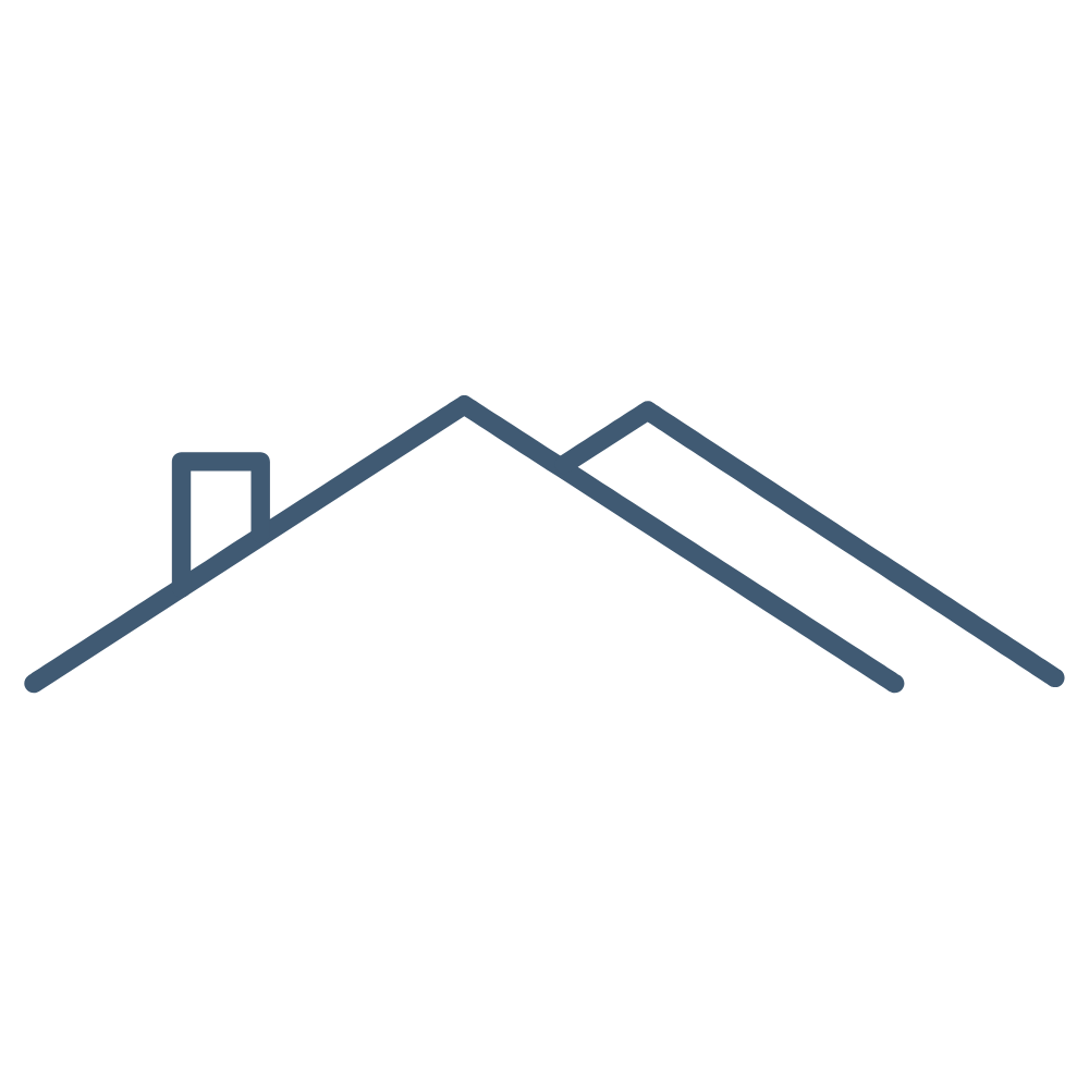 Line drawing of a house with a chimney and roof, with a tree silhouette beside it, against a blank background.