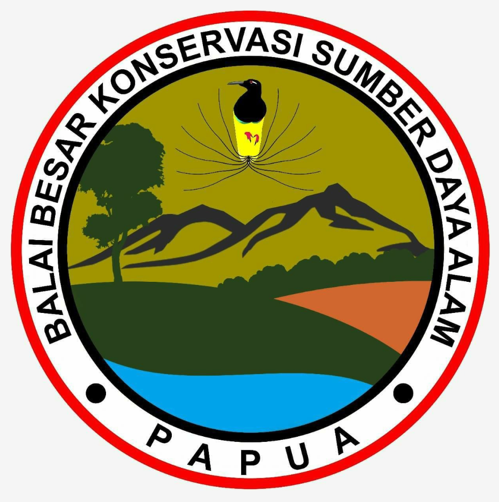Emblem of Conservation Society of Sumber Daya Alam, featuring a black and yellow bird above a mountain landscape with a lake and trees, encircled by the organization name and the word PAPUA.