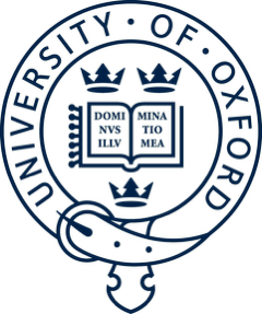 University of Oxford emblem with a shield, three crowns, and an open book, surrounded by the university's name.