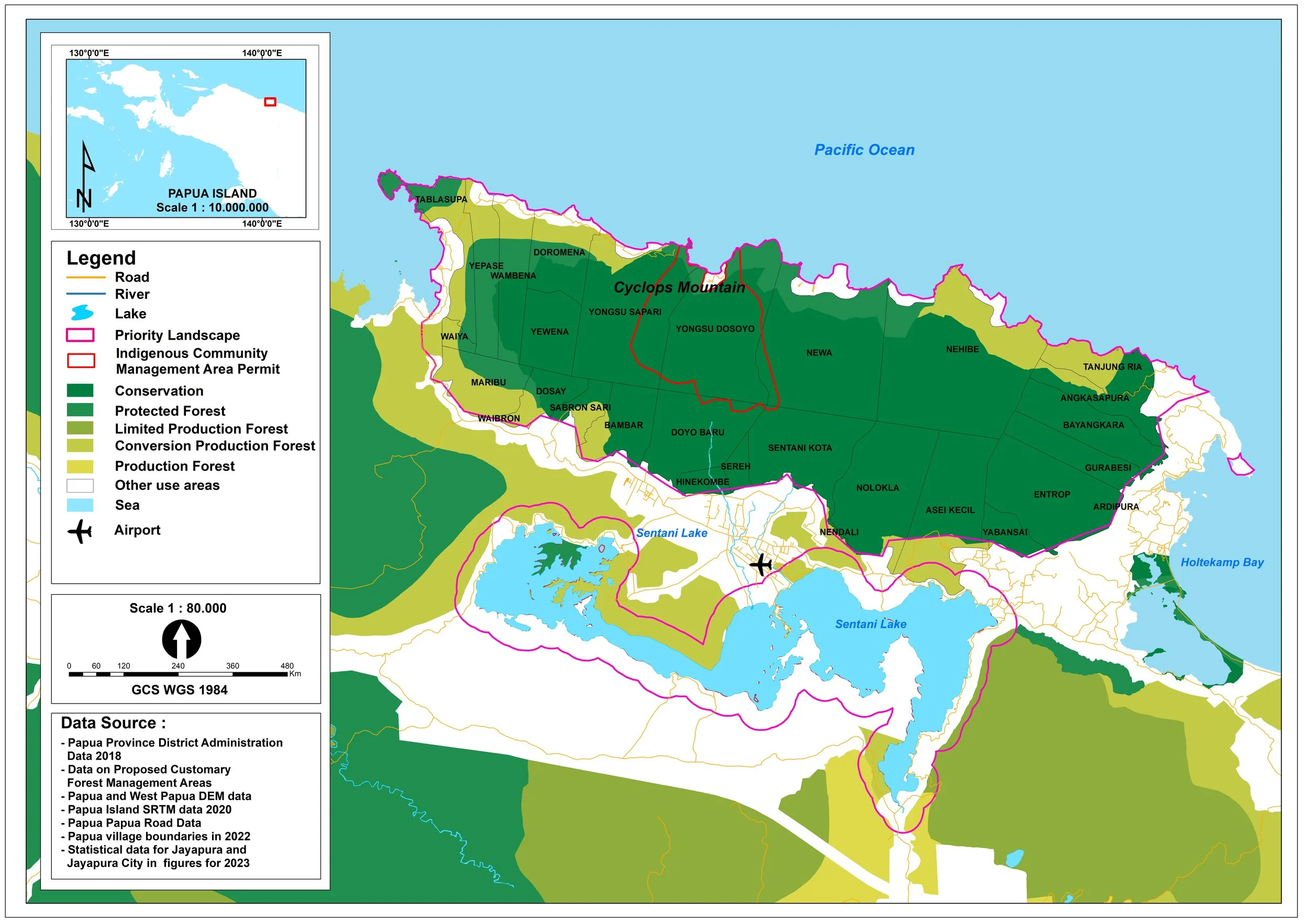 Map of Papua Island showing different forest conservation zones, protected forests, limited production forests, and conversion production forests, with roads, rivers, lakes, and airports marked. An inset map shows Papua Island's location relative to the region.