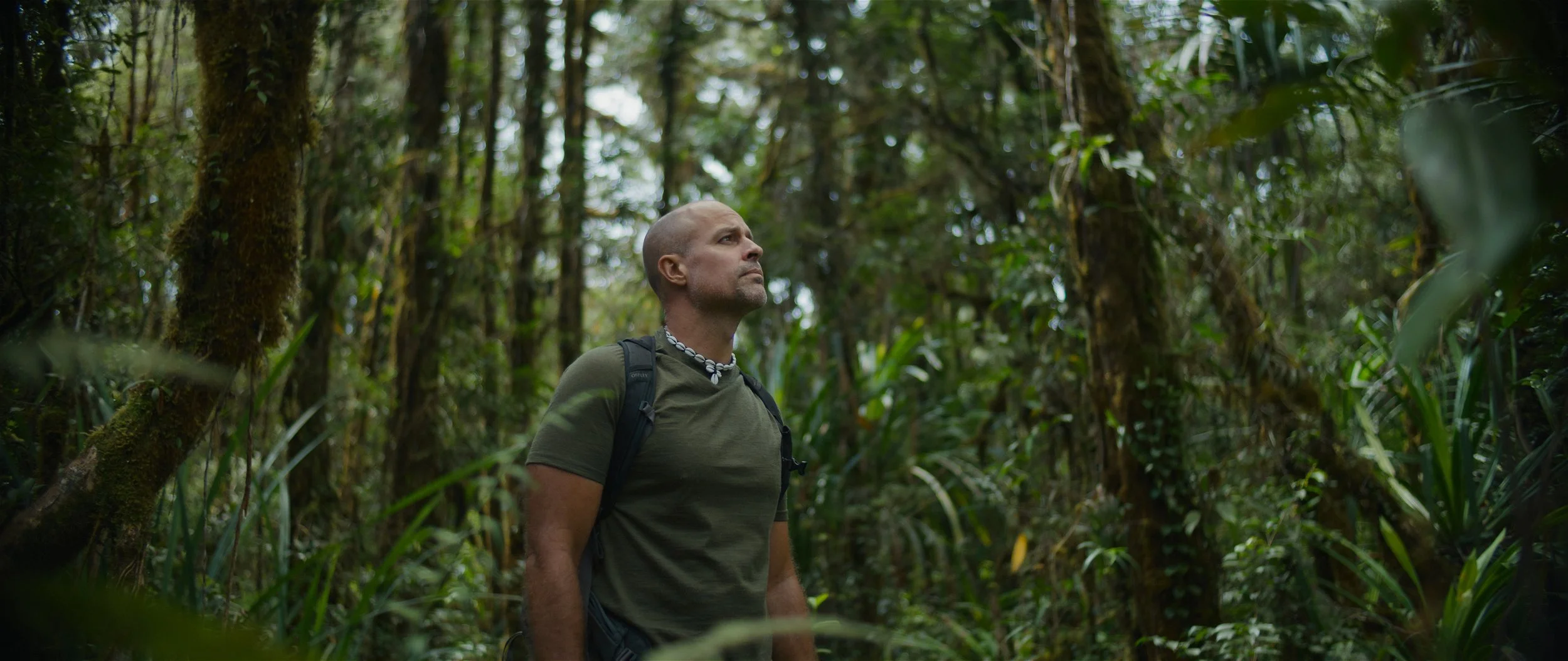 A man with a shaved head, wearing a green t-shirt, a shell necklace, and a backpack, standing in a dense green jungle, looking upward.