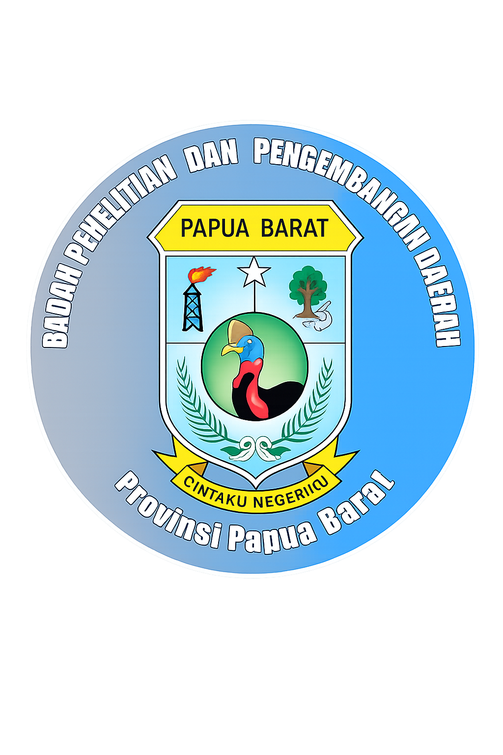 Seal of the West Papua Province with a shield featuring a bird of paradise, trees, a torch, and a star, surrounded by a blue circle with text in Indonesian and a yellow banner with black text.