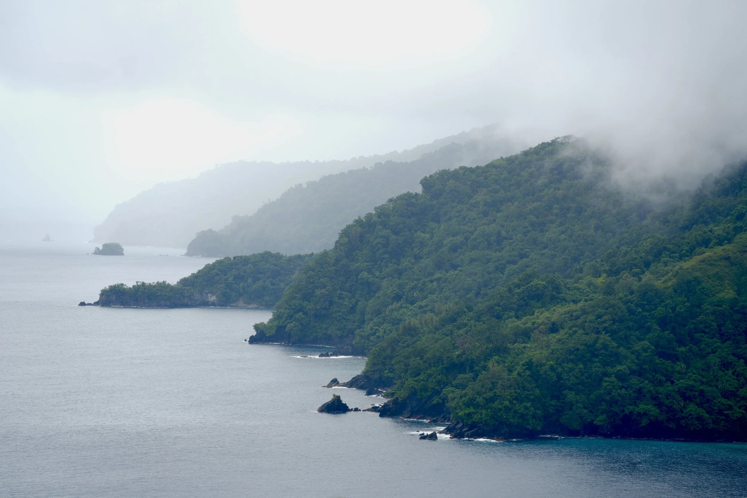 A foggy landscape of lush green hills and a calm sea with small rocky islands.