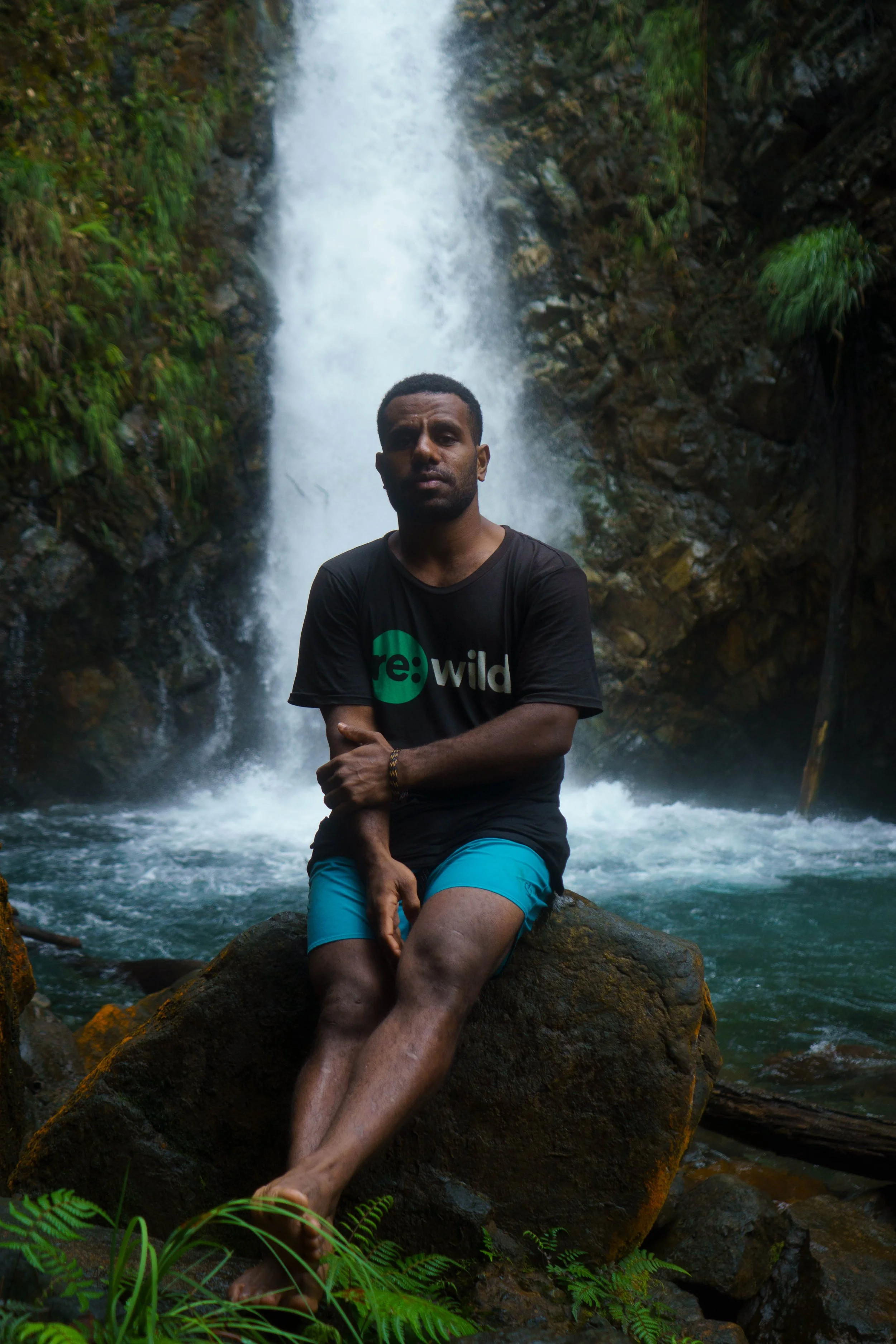A man sitting on a rock in front of a waterfall, wearing a black t-shirt with a green and white logo and blue shorts, with lush green plants around.