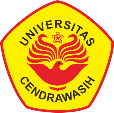 A yellow shield-shaped logo with a red border, featuring a stylized bird with multiple red feathers, and the words 'UNIVERSITAS CENDRAWASH' written in black capital letters around the top and bottom.