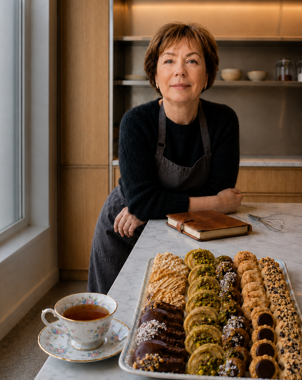 North Table baker with a tray of assorted handcrafted decorated cookies.