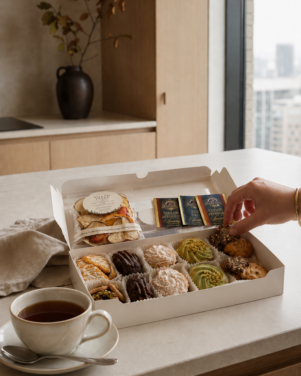 North Table gift box with assorted handcrafted cookies on a kitchen counter.