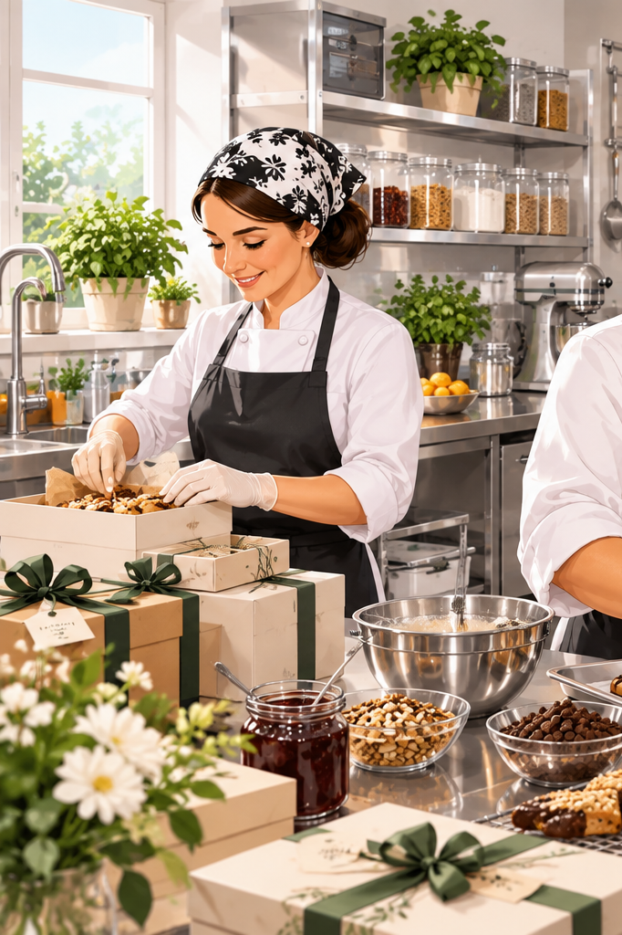 North Table baked goods being carefully packed in a clean commercial kitchen, with cookies and gift boxes prepared for Sydney delivery.