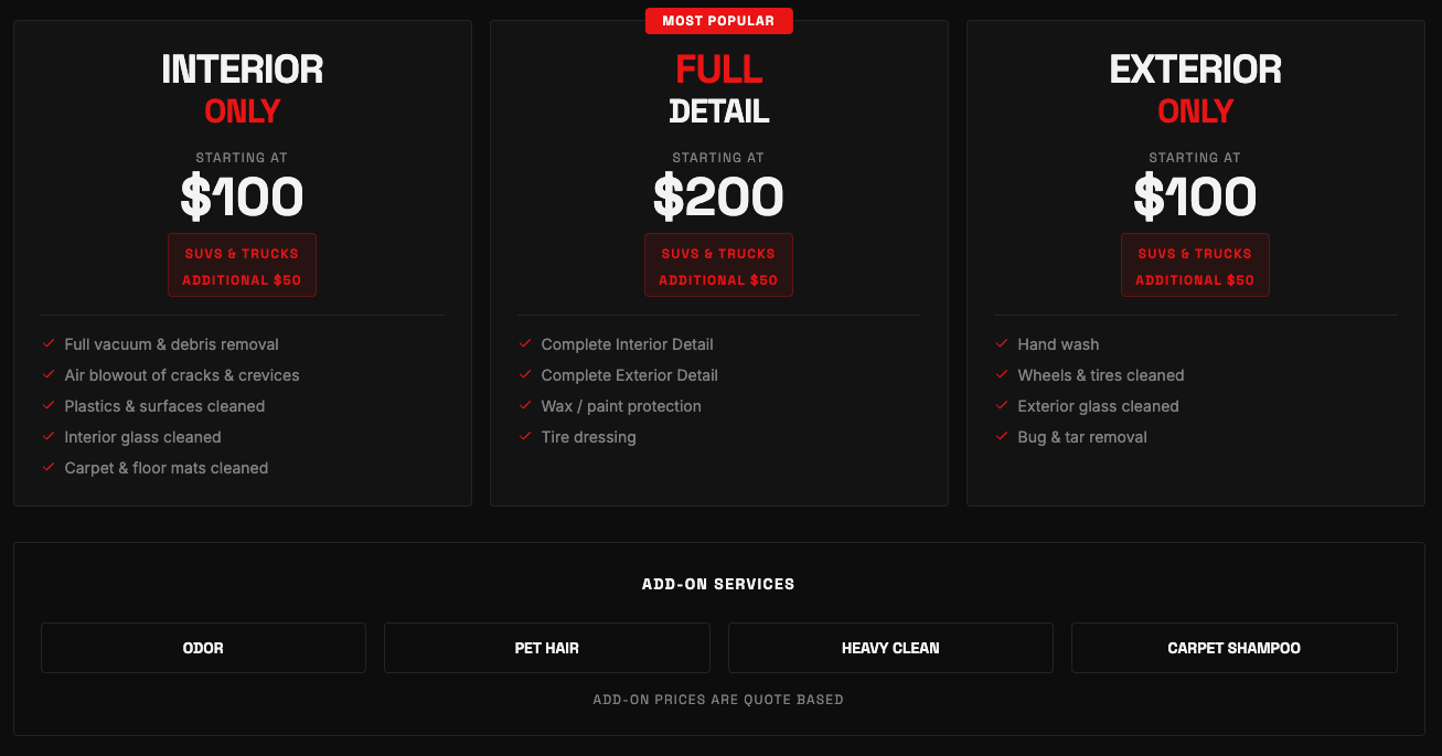 Pricing and service details for vehicle cleaning packages, including Interior Only, Full Detail, and Exterior Only options, with prices ranging from $100 to $200 and additional charges for SUVs and trucks; features listed include vacuuming, debris removal, washing, tire cleaning, glass cleaning, and more. Add-on services such as odor removal, pet hair cleaning, heavy cleaning, and carpet shampoo are also available.