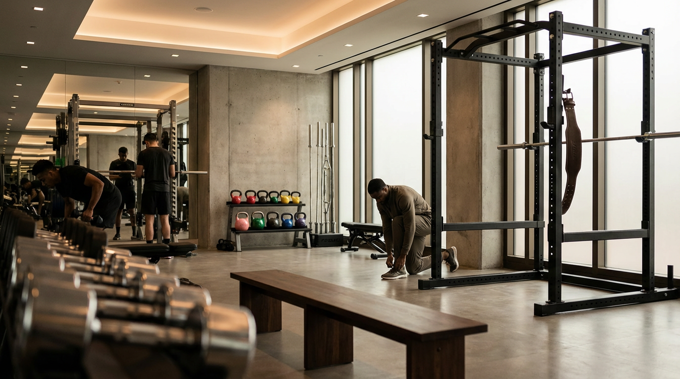 A modern gym with large windows, several people working out, a row of kettlebells in different colors, a squat rack, and a man tying his shoelaces