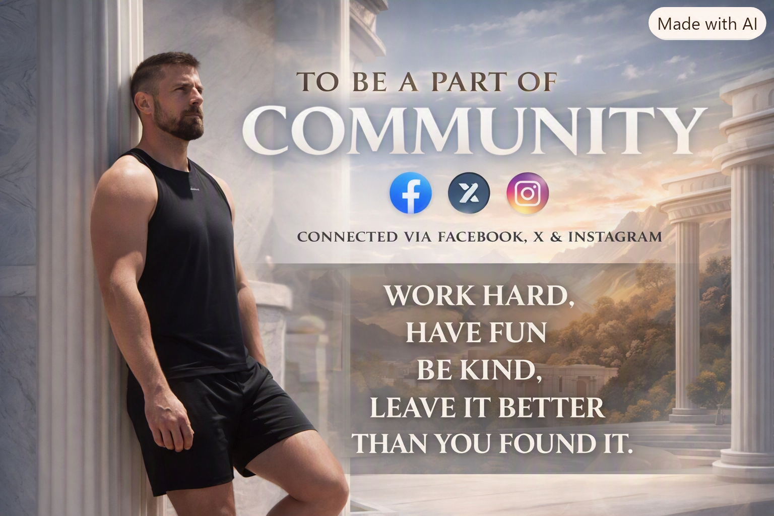 A man in athletic clothing standing beside classical Greek architecture with columns, with a mountain landscape and a cloudy sky in the background. The overlay text promotes community involvement via Facebook, X, and Instagram, encouraging work, fun, kindness, and leaving things better.