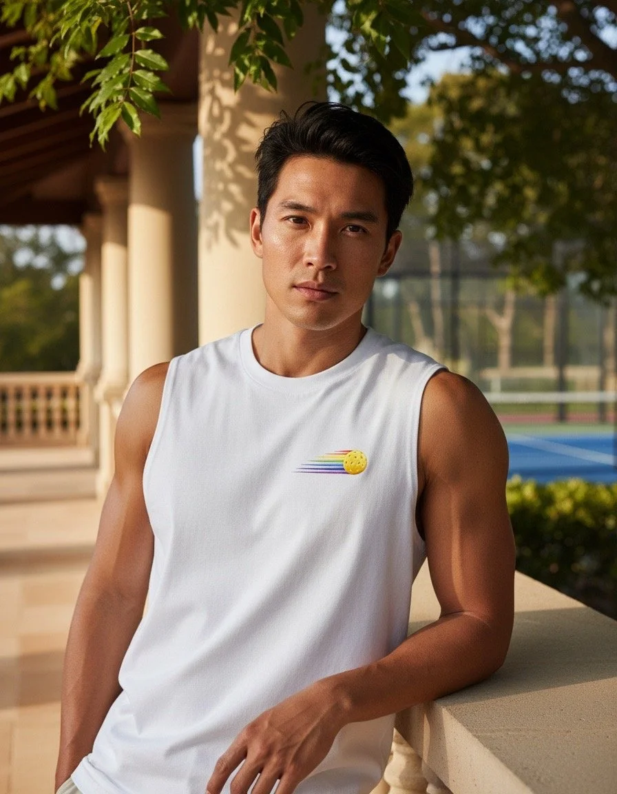 A model wearing the white Rainbow Speedball Tank by Pickleball Merch Aus, posing in an outdoor setting.