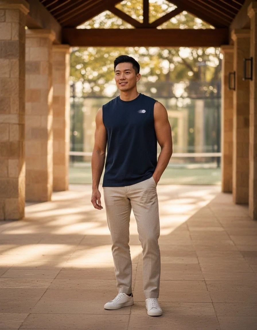 A man standing outdoors under a wooden pavilion, wearing a sleeveless navy blue athletic shirt, beige pants, and white sneakers, smiling with hands in his pockets.