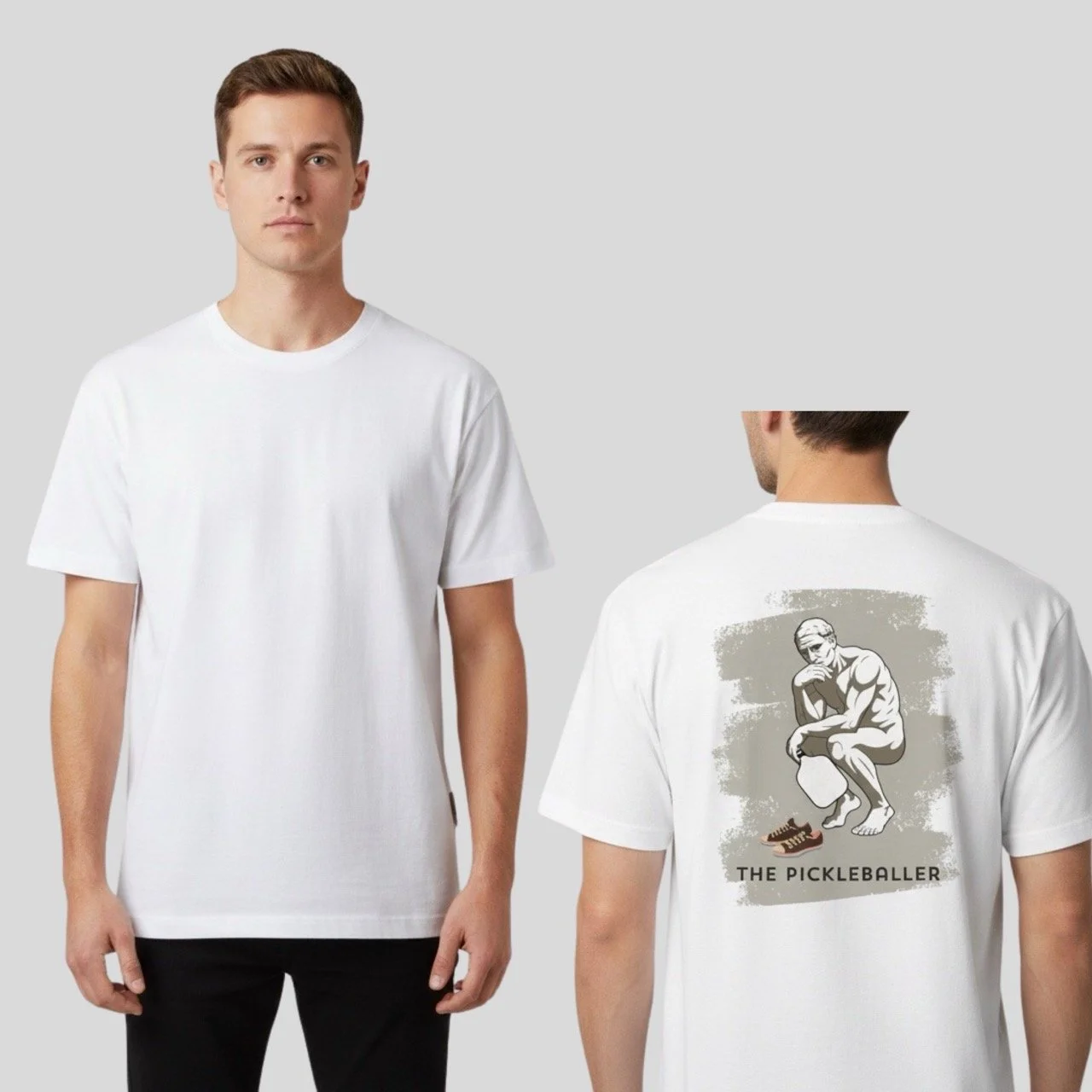 A model wearing a white classic T-shirt by Pickleball Merch Aus, which features an Art of Pickleball graphic on the back, with a light grey background