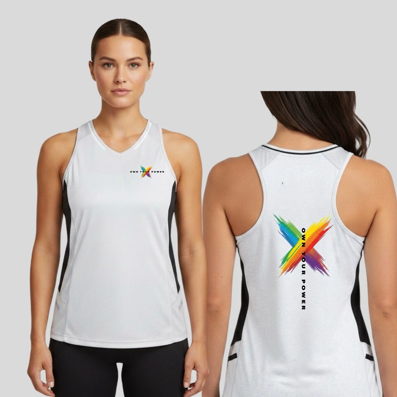 Women’s Own Your Power Performance Racerback Singlet | Rainbow Pride Power Splash Edition
