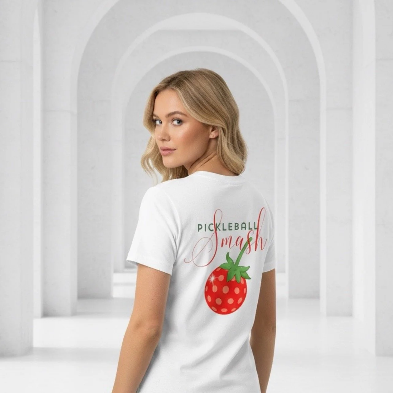 Women’s Mid-Weight Pickleball Smash Graphic Tee | Strawberry Edition