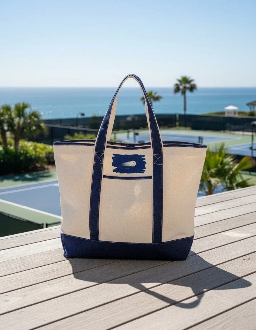 A white tote bag with navy blue accents sitting on a wooden table outdoors, with a view of tennis courts, palm trees, and the ocean in the background.