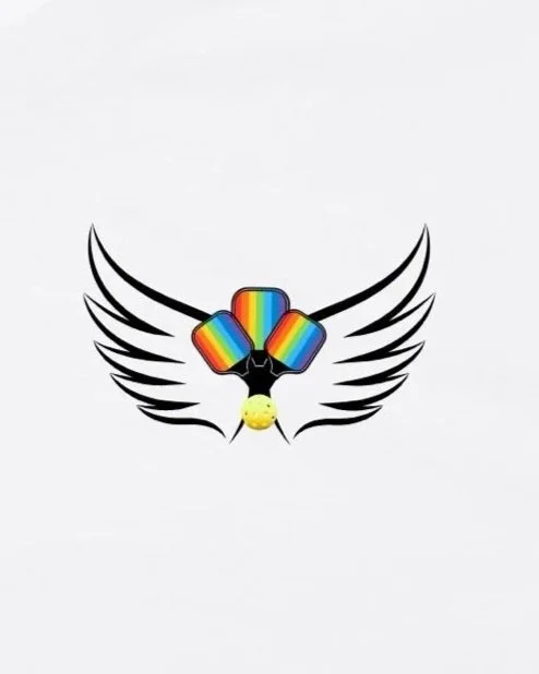 An Australian logo design by Pickleball Merch Aus for its sports apparel range, showing a pair of graphic wings with 3 rainbow pride colourful paddles and a yellow pickleball in the centre.