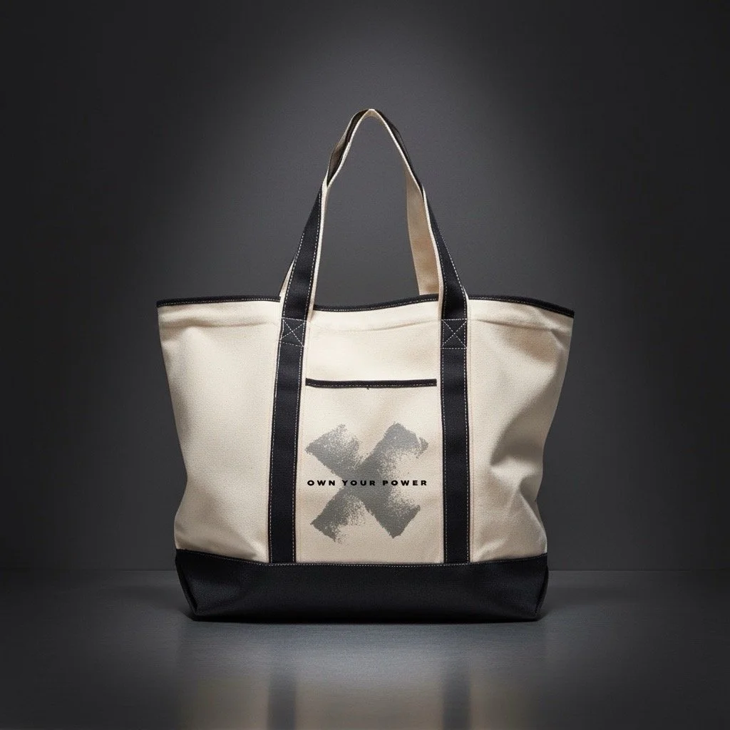 A beige and black tote bag with the words 'Own Your Power' and a stylised 'X' graphic printed on it, displayed against a dark background, by Pickleball Merch Aus.