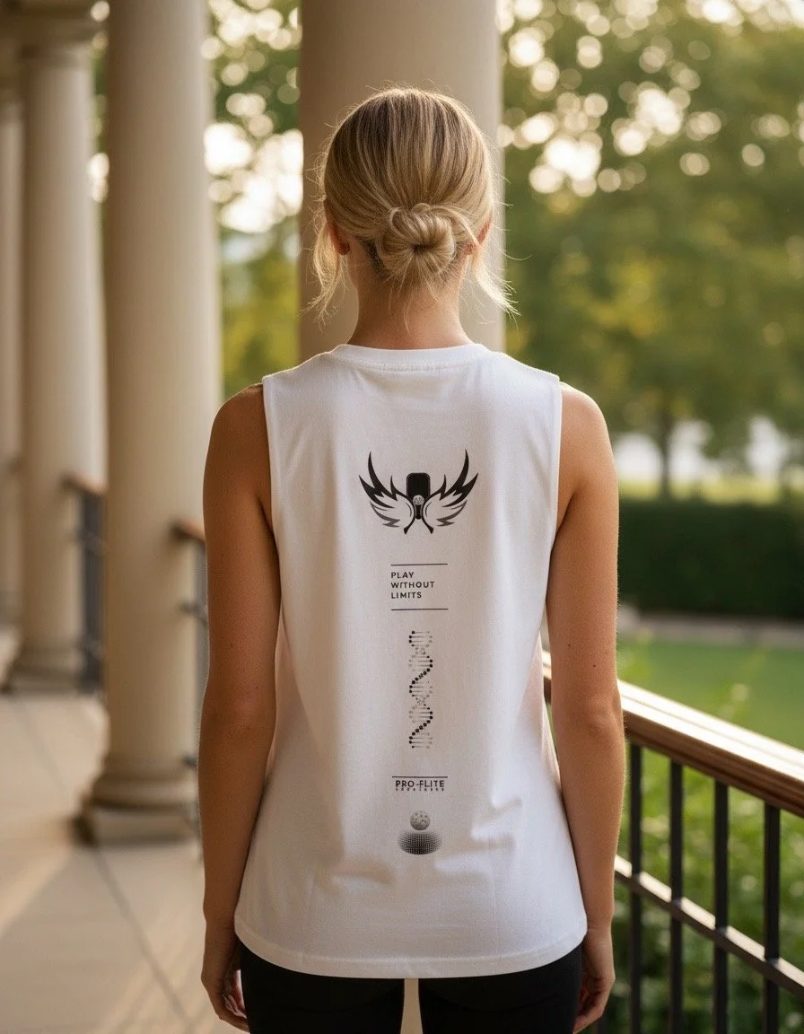 Back of a woman with blonde hair tied in a bun wearing a white tank top with black graphic design and text, standing on a porch with columns and a black railing, overlooking a green outdoor scene.