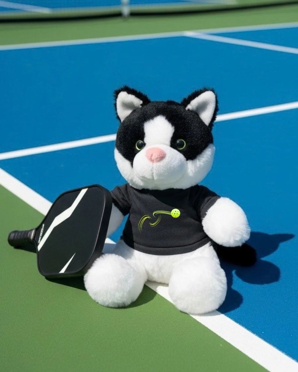 Spin the Cat, plush toy by Pickleball Merch Aus, sitting on an outdoor pickleball court.