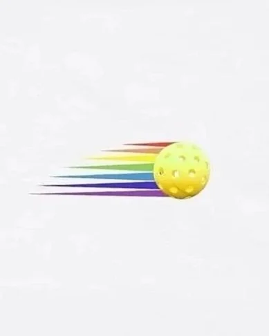 An Australian logo design by Pickleball Merch Aus for its sports apparel range, showing a colourful rainbow speeding Pickleball.