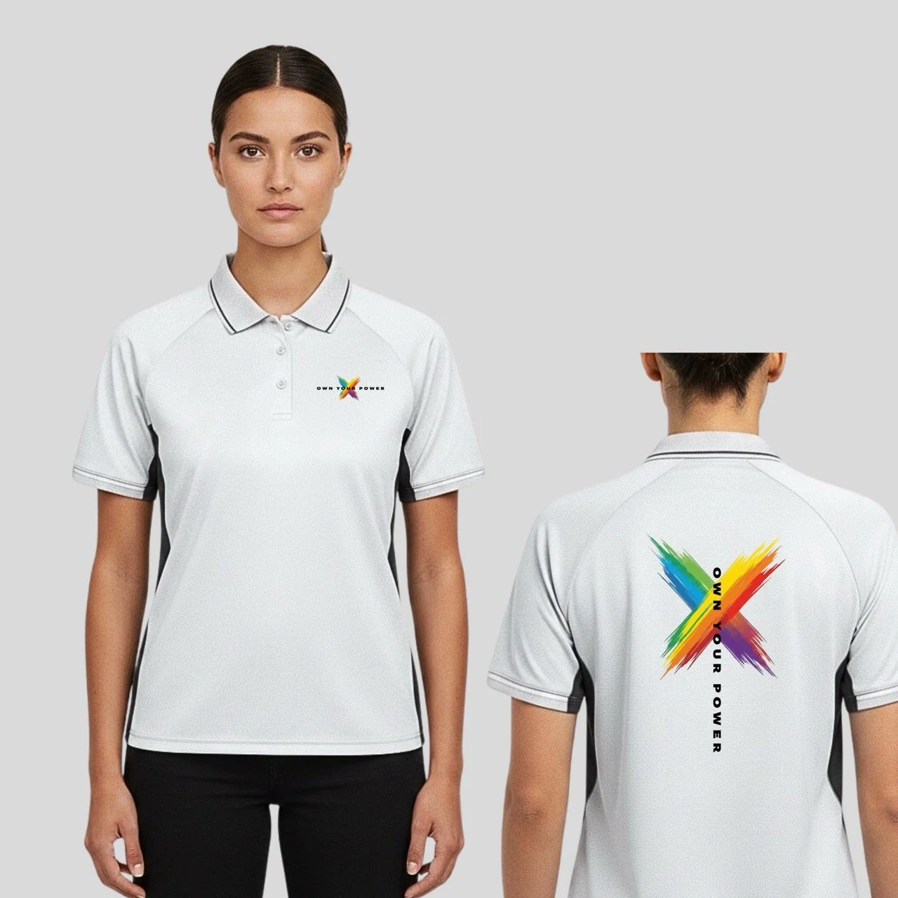 A model wearing a white performance Polo by Pickleball Merch Aus, which features an Own Your Power graphic on the back, with a light grey background