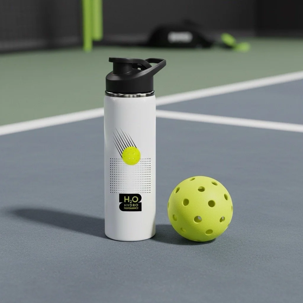 A white water bottle with black lid and a logo that says "H2O Hydro Performance" standing on a tennis court next to a yellow perforated tennis ball.