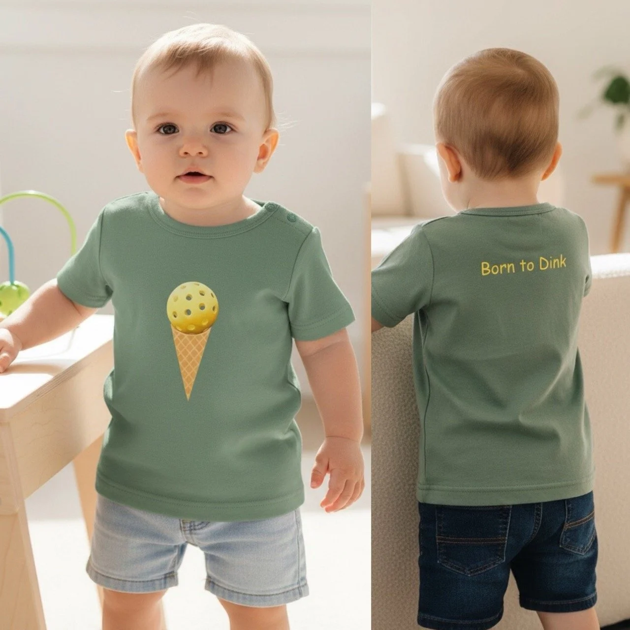 An infant wearing a Wee Tee by Pickleball Merch Aus, showing a pickleball ice-cream on the front, standing in a playroom