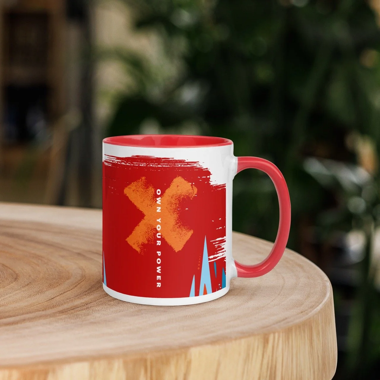 Own Your Power Mug by Pickleball Merch Aus, sitting on a wood table outdoors