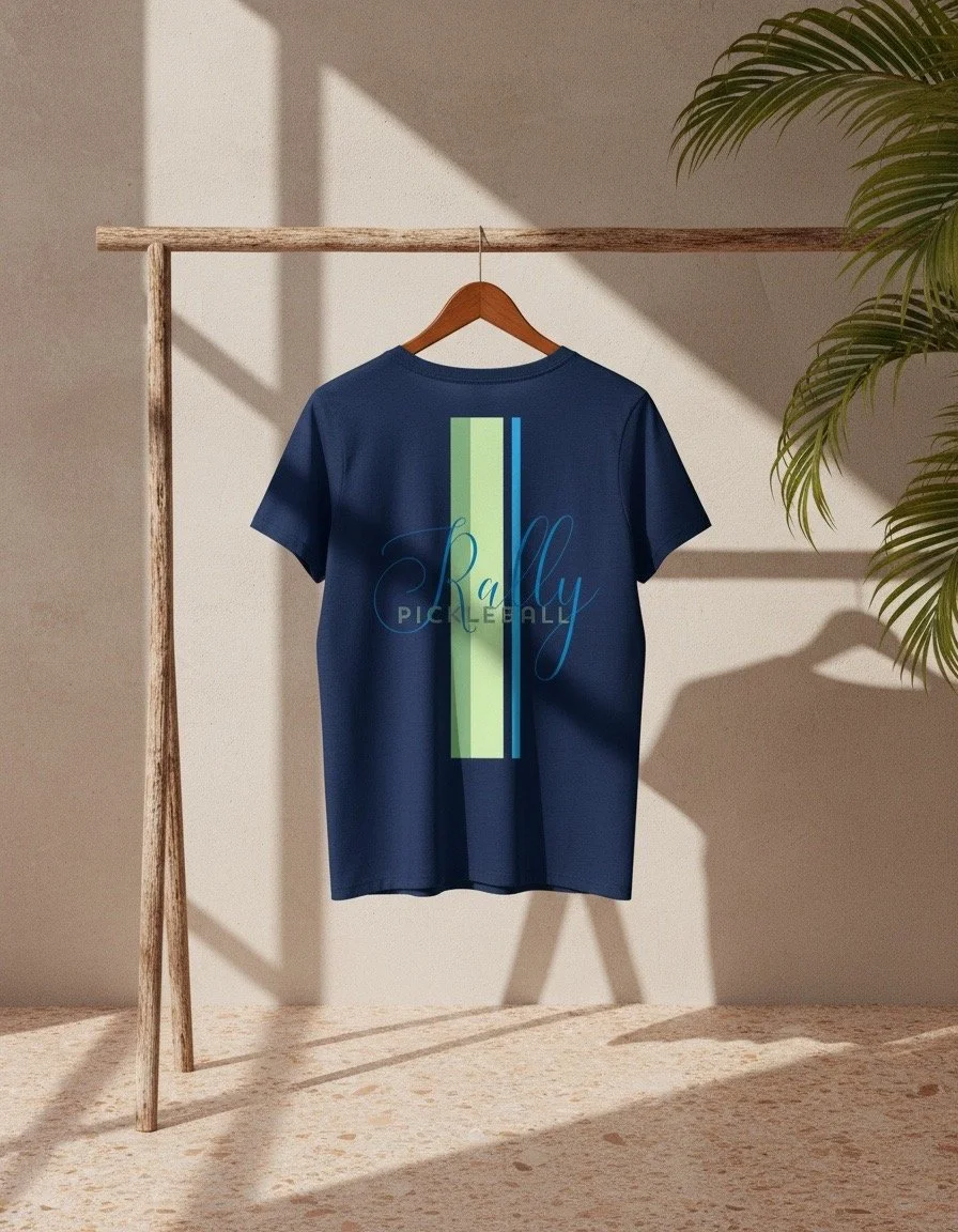 A navy blue T-shirt with a green vertical stripe in the middle, hanging on a wooden hanger against a beige wall with a shadow and a plant on the side.