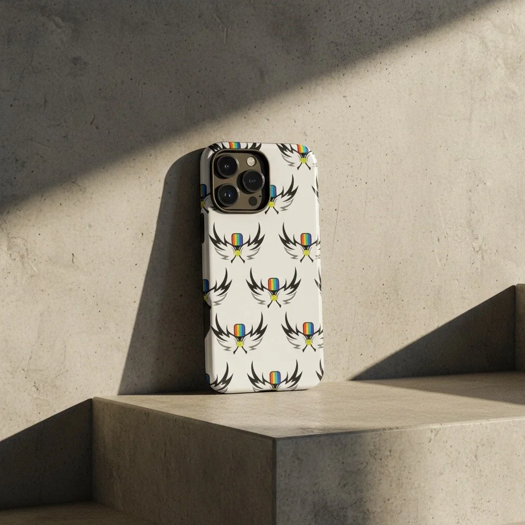 An Australian-designed iPhone case with rainbow wings and pickleball paddles by Pickleball Merch Aus.