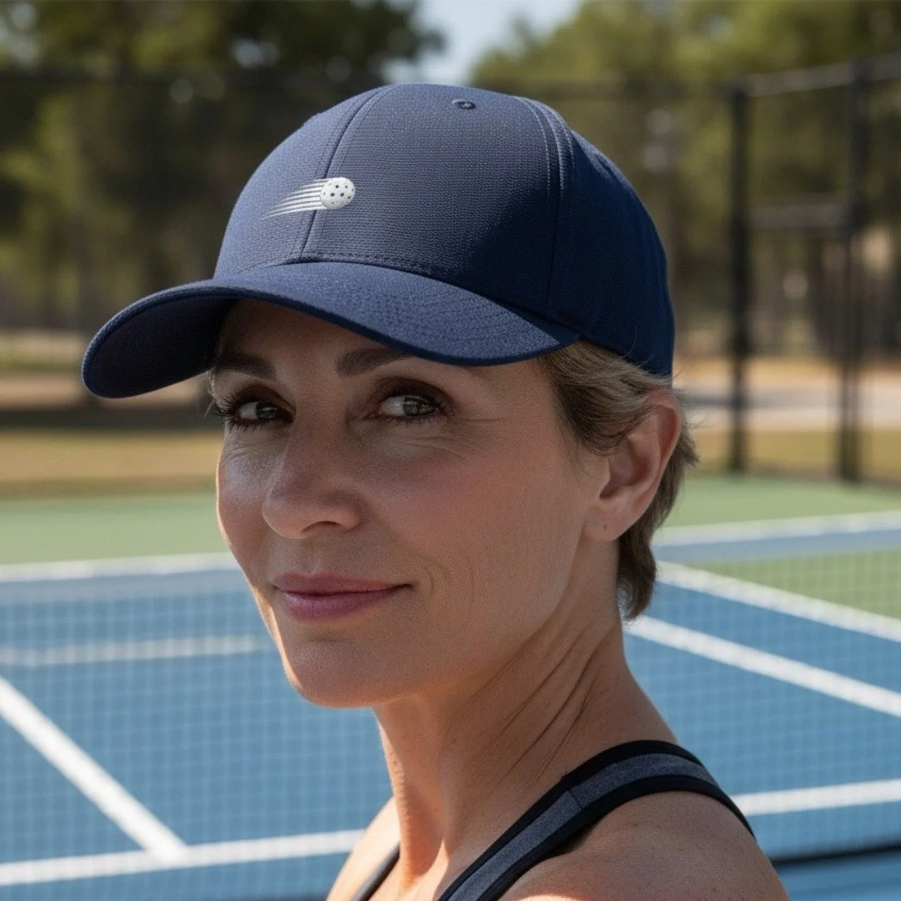 A model wearing a cool fit performance cap by Pickleball Merch Aus, which features a Pickleball graphic on the front, standing in front of a pickleball court
