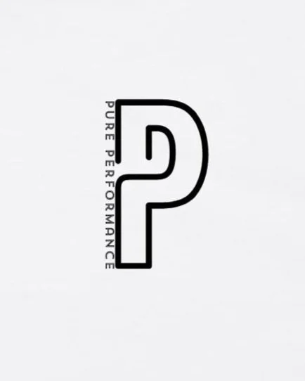 Black outlined letter 'P' with the words 'PURE PERFORMANCE' written vertically inside the letter on a white background.