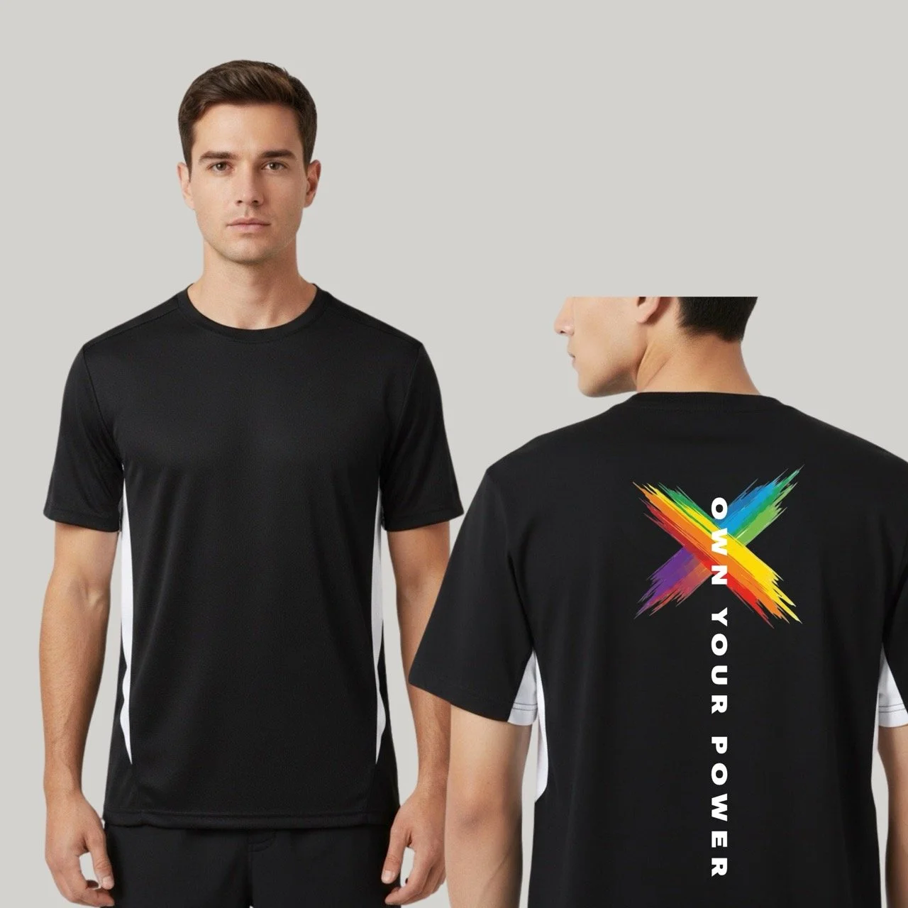 Men’s Own Your Power Performance Tee | Rainbow Pride Power Splash Edition (Contrasting Oblique's)