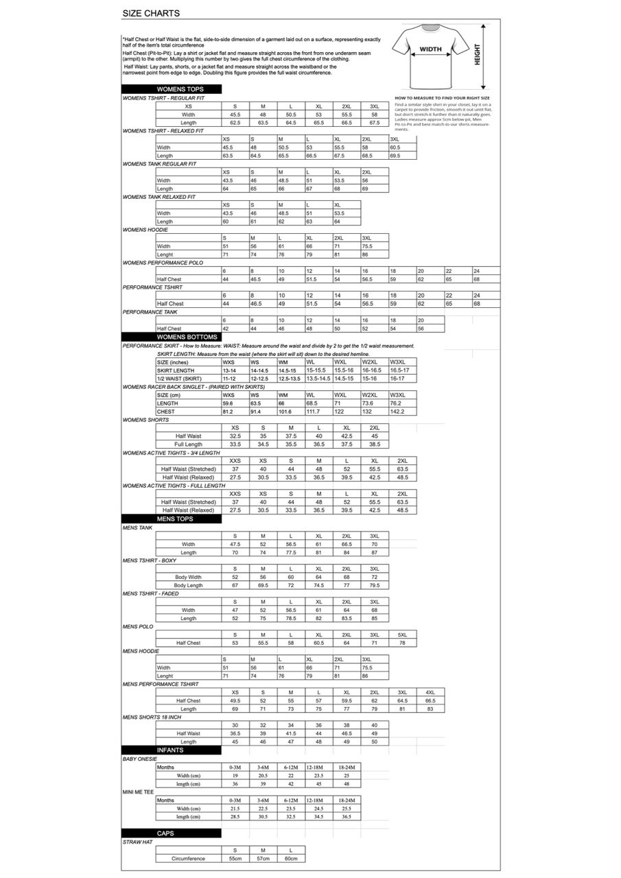 Size chart for clothing and accessories range at Pickleball Merch Aus, including women's tops, tanks, and shorts, men's tops, t-shirts, tank, hoodies, and performance wear, infantwear, and accessories like straw hats, with measurements in inches.