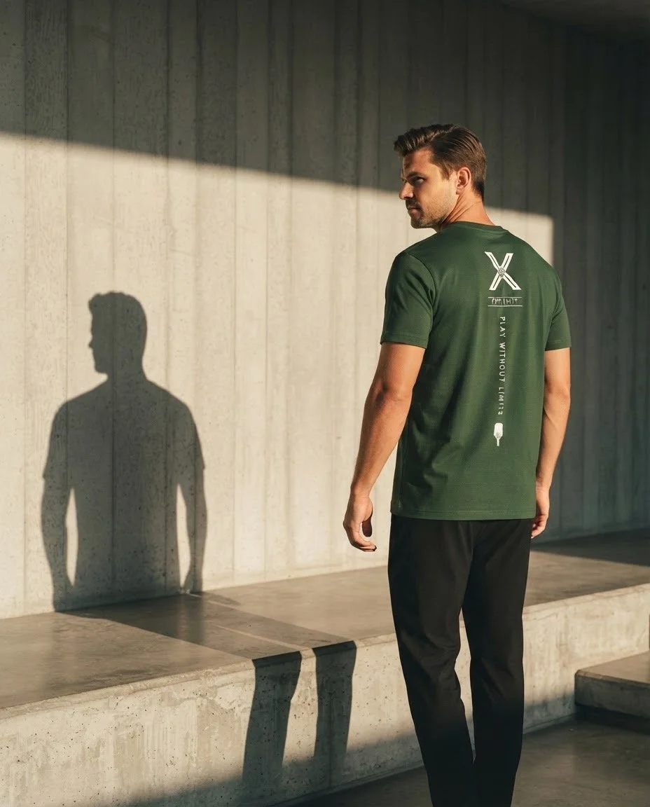 A man wearing the black Men's Play Without Limits Box Tee, a heavyweight pickleball streetwear shirt by Pickleball Merch Aus on an outdoor court