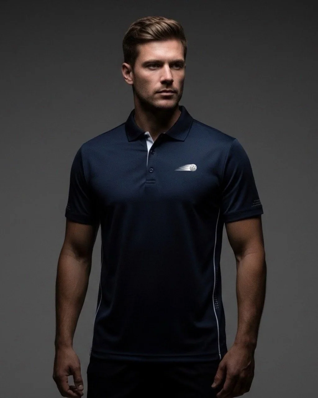 A young man with short brown hair wearing a navy blue polo shirt with a logo of a streaking golf ball.